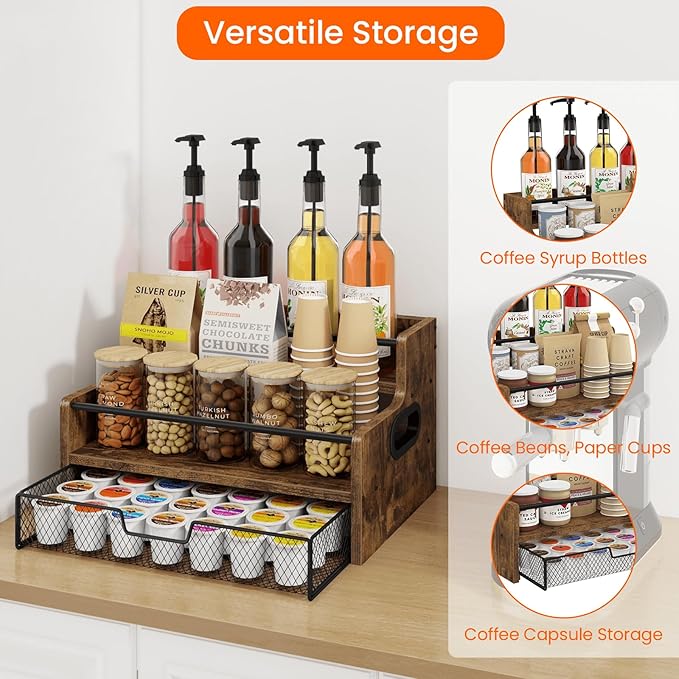 Homode Coffee Syrup Organizer Rack, 3-Tier 8 Bottles Syrup Stand with 35 K Cup Storage Drawer for Coffee Station Bar Accessories, Countertop Wood Liquor Bottle Holder for Wine, Rustic Brown
