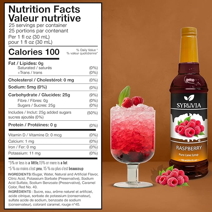 Syruvia Premium Raspberry Syrup - 25.4 fl oz Kosher Best For Drinks, Dessert, Soda, Smoothies, Gluten-Free, Non-GMO Flavor
