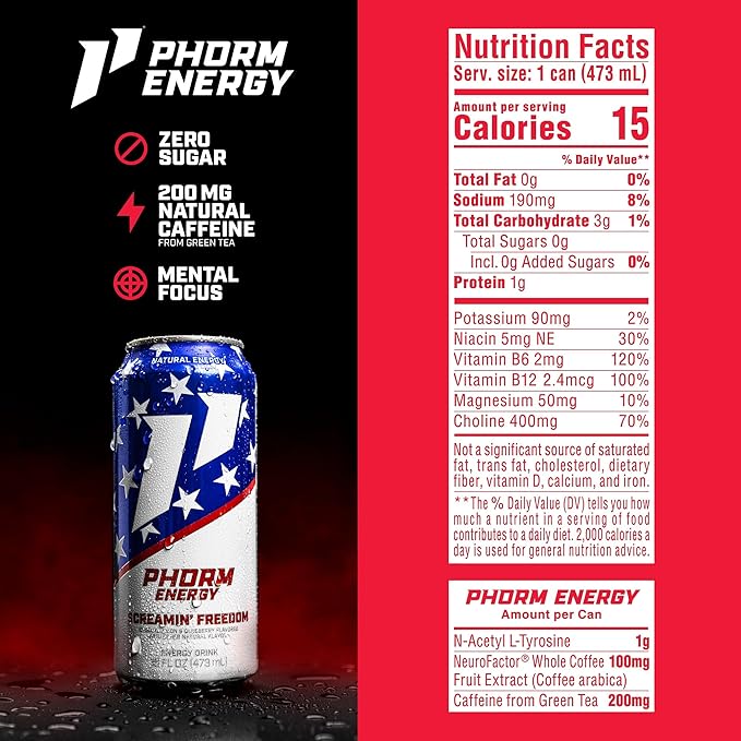 Phorm Energy Drink, Screamin’ Freedom Flavor, 200 MG Natural Caffeine From Green Tea, Sugar Free Carbonated Drink With Electrolytes & Vitamin B12, Dairy & Gluten Free, Vegan, 16 FL Oz Cans, 12 Pk