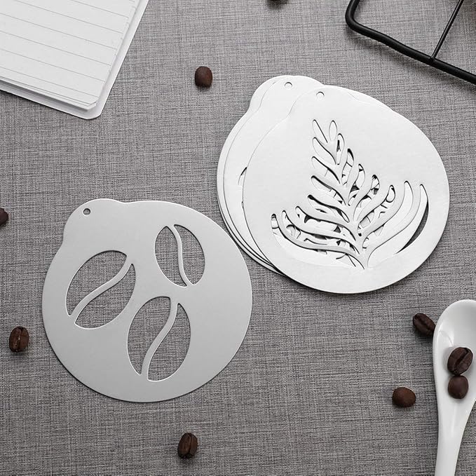 Coffee Decorating Stencils, 5Pcs Stainless Art Stencils Garland Mould Cappuccino Art Templates for Mousse, Cup Cake, Birthday Cake, Coffee, Hot Chocolate