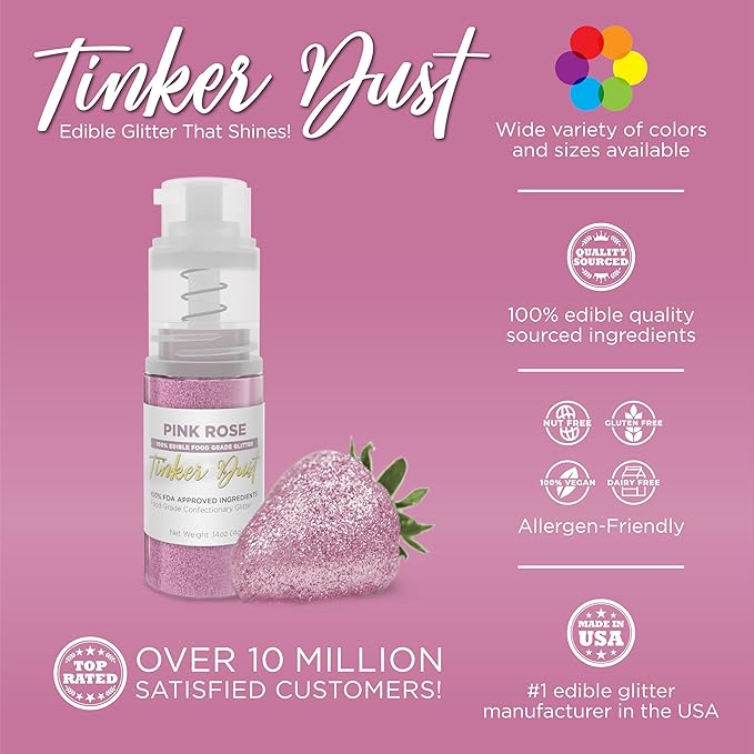 Bakell - Pink Rose Tinker Dust (4g, 1x Mini Spray Pump) Edible Glitter for Food, Desserts, and Beverages!