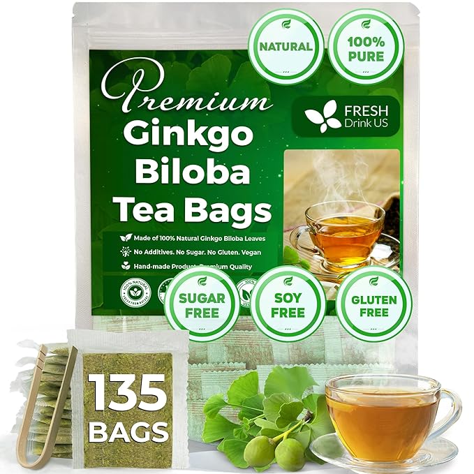 FreshDrinkUS, Premium 135 Ginkgo Biloba Leaf Tea Bags, 100% Natural & Pure from Ginkgo Biloba Leaves. Loose Leaf Herbal Tea. Made with Eco-Conscious Tea Bags. No Sugar, No Caffeine, No Gluten, Vegan.