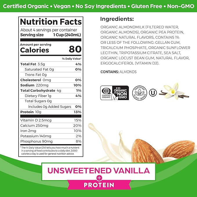 Orgain Organic Vegan Protein Almond Milk, Unsweetened Vanilla - 10g Plant Protein, Vitamin D & Calcium, No Lactose, Dairy & Soy Ingredients, Gluten Free, No Sugar Added, 32 Fl Oz (Pack of 6)