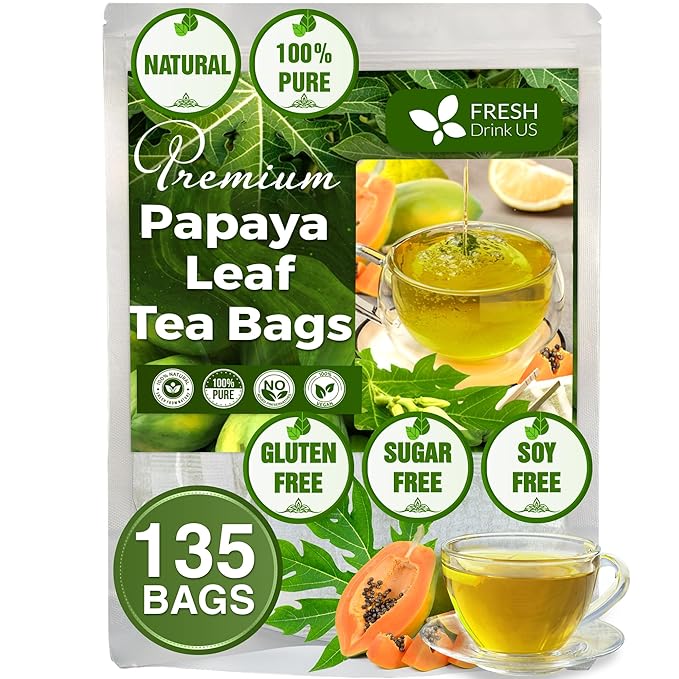 FreshDrinkUS Premium 135 Papaya Leaf Tea Bags, 100% Natural & Pure. Loose Leaf Herbal Tea. Made with Natural Material Tea Bags. No Sugar, No Caffeine, No Gluten, Vegan