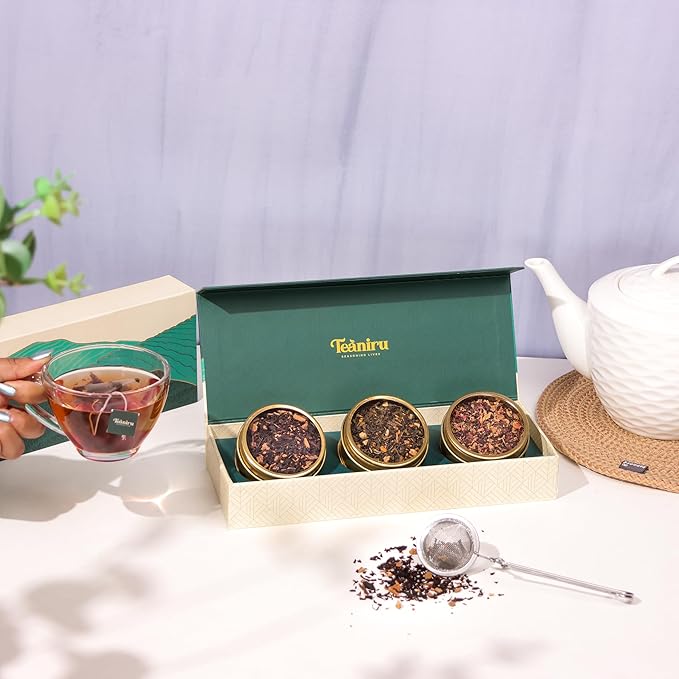 Teaniru, Novelty Tea Collection – Pack of 200 | Loose Leaf Tea Sampler Gift | 3 Flavored Tea - Black, Herbal & Green Tea | Loose Leaf Tea Gift Set for Corporate Gifting