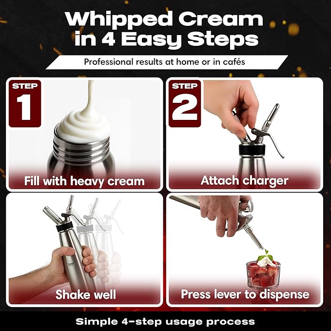 Chef Master (2 Pint / 1 Liter) Stainless Steel Whipped Cream Dispenser - Decorating Tips for Desserts, Latte + Cleaning Brush - Whip Cream Dispenser Canister for Home, Bakery or Restaurant - 90079