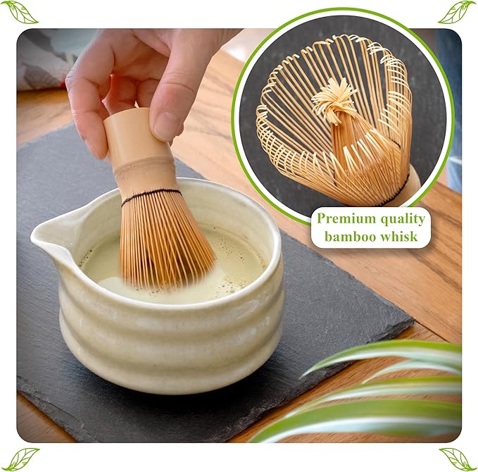 Marce Matcha Whisk Set- Matcha Set includes Matcha Whisk and Bowl (Bowl with Spout), Sifter, Holder and Scoop- The Perfect Bamboo Whisk for Matcha Tea (Molted Green)