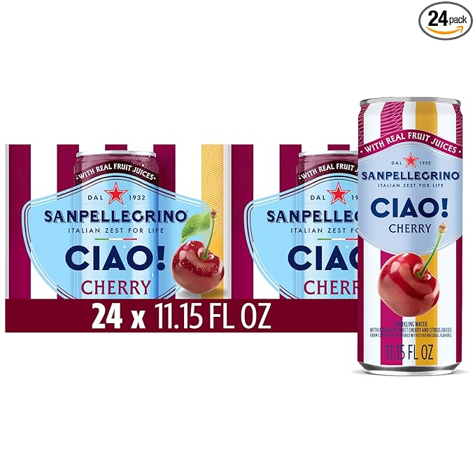Sanpellegrino CIAO Cherry Sparkling Water, Low-Calorie Italian Sparkling Water with Real Fruit Juices, 0g Added Sugar, 24-Pack