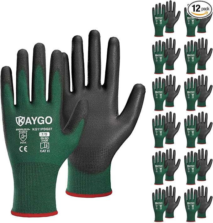 KAYGO Safety Work Gloves PU Coated,12 Pairs KG11PB Seamless Knit Glove for Men and Women, with Smooth Grip on Palm and Fingers, Ideal for General Duty Work (Small,Dark Green)