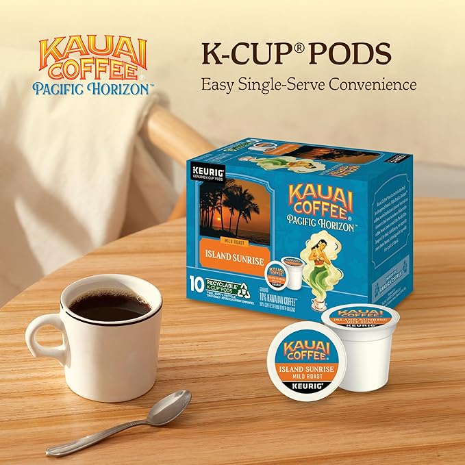 Kauai Coffee K-Cup Pods for Keurig Brewers – Arabica Coffee, 10% Hawaiian – Mild Roast, Light with Bright Aroma – Island Sunrise, 1 Pack of 10 Single Serve K-Cups
