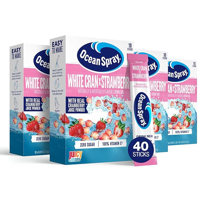 Ocean Spray® White Cran-Strawberry™ Zero Sugar Powder Drink Mix Packets with Real Cranberry Juice Powder, 100% Vitamin C, No Synthetic Dyes, Juicy Mixes (40ct)