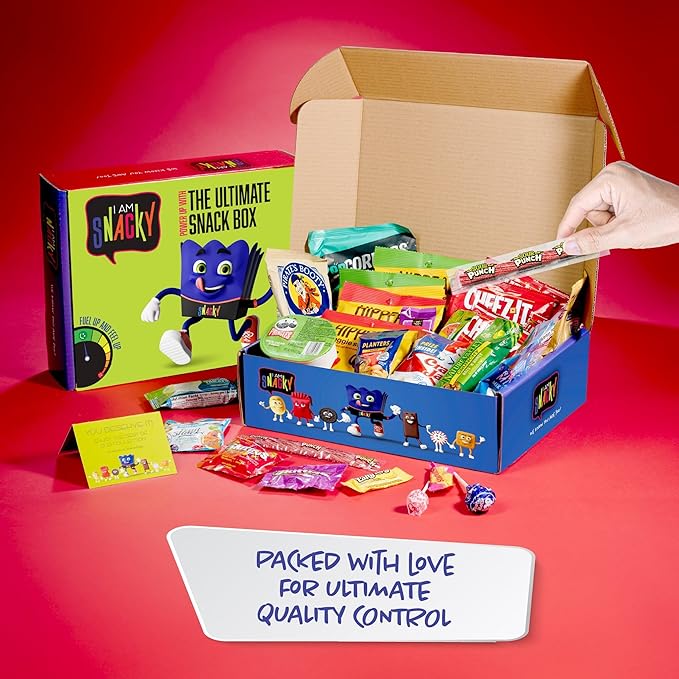 I AM Snacky - Thanksgiving Snack Box Variety Pack Care Package + Greeting Card - SNACKY'S SOCIAL SAMPLER (60 Count) Birthday Sweet Treats Gift Basket, Candies Chips, Food Assortments