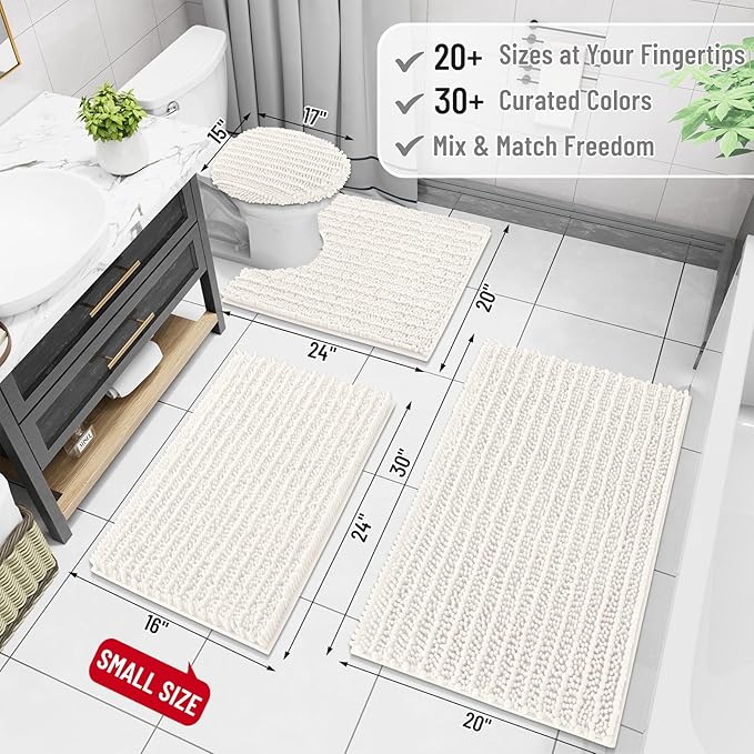 Arotive Luxury Chenille Bathroom Rug Mat, Extra Soft Thick Absorbent Shaggy Bath Rugs, Non-Slip Machine Wash Dry, Plush Bath Mats for Bathroom, Shower and Tub, 34x21, Ivory