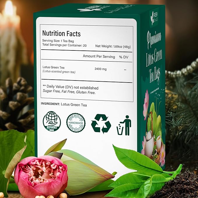 FreshDrinkUS, Premium 20 Tea Bags of Lotus Green Tea, 100% Natural. Exquisite Flavor, Handpicked Leaves, Perfect for Tea Lovers. No Sugar, No Gluten, Vegan.