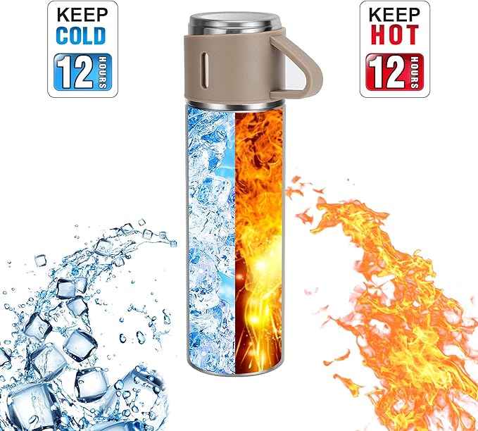 Stainless Steel Thermo 500ml/16.9oz Vacuum Insulated Bottle with Cup for Coffee Hot drink and Cold drink water flask.(Brown,Set)