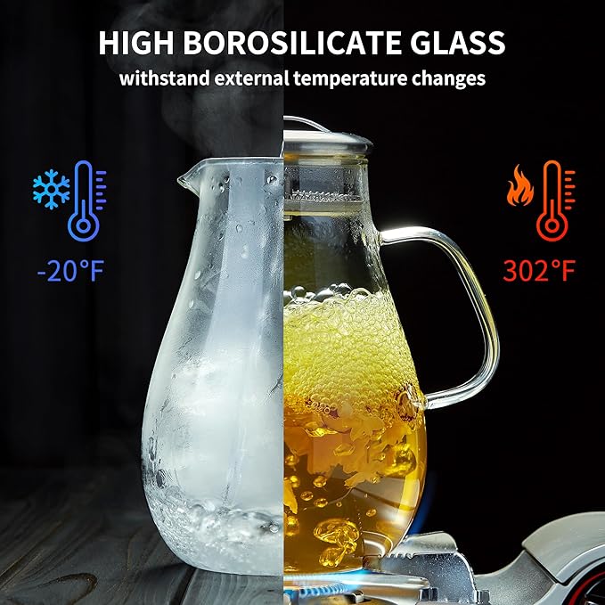 2000ML/68OZ Glass Pitchers with Lid for Hot and Cold Drinking, Heat Resistant Borosilicate Glass Pitcher for Tea, Juice, Milk, Cold Hot Beverages