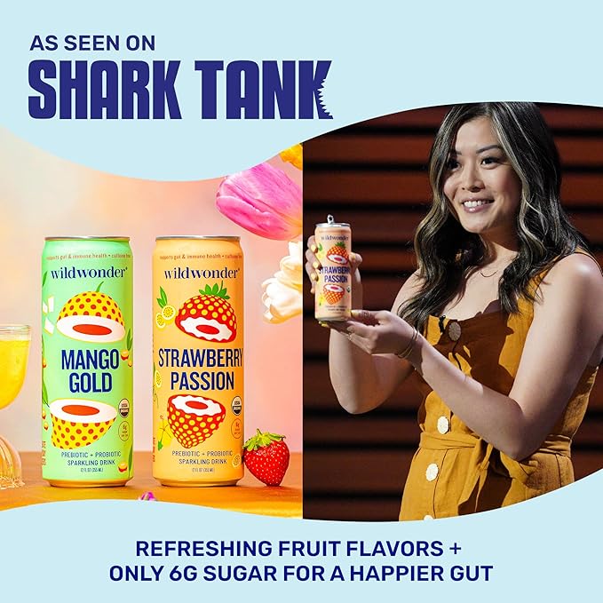 NEW! wildwonder Sparkling Probiotic Drink 12pk, For Gut Health & Immune Support, Cherry Lemonade, 5g Prebiotic Fiber, Live Probiotics, Organic, Vegan, Low Sugar, 12 Pack, 12oz Can, Seen on Shark Tank