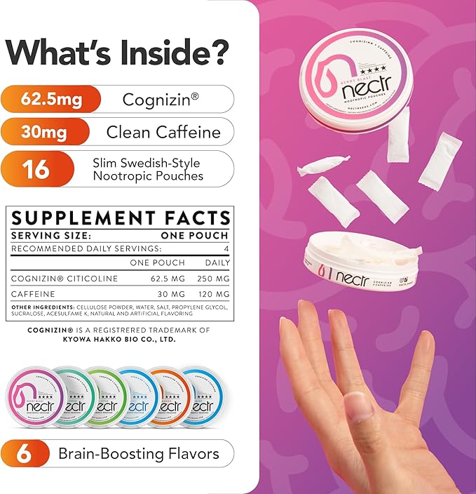 Nectr Energy Nootropic Pouches – Berry Blast Flavored, Caffeine Pouches with Cognizin® Citicoline. Sugar-Free Brain Treats. Smooth, Sustained Focus & Energy Supplement - 5 Pucks of 16pcs