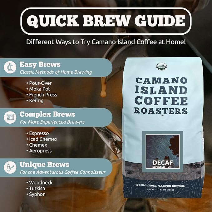 Camano Island Coffee Roasters Decaf Espresso Blend, Whole Bean 2lb, Fresh Dark Roast Swiss Water Processed, USDA Organic, Fairly Traded, Shade Grown Top 1% Arabica, Sweet Molasses, Mixed Berry Flavor