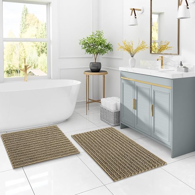 Arotive Luxury Chenille Bathroom Rug Mat, Extra Soft Thick Absorbent Shaggy Bath Rugs, Non-Slip Machine Wash Dry, Plush Bath Mats for Bathroom, Shower and Tub, 34x21, Camel