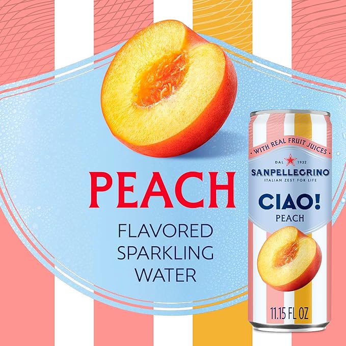 Sanpellegrino CIAO Peach Sparkling Water, Low-Calorie Italian Sparkling Water with Real Fruit Juices, 0g Added Sugar, 24-Pack