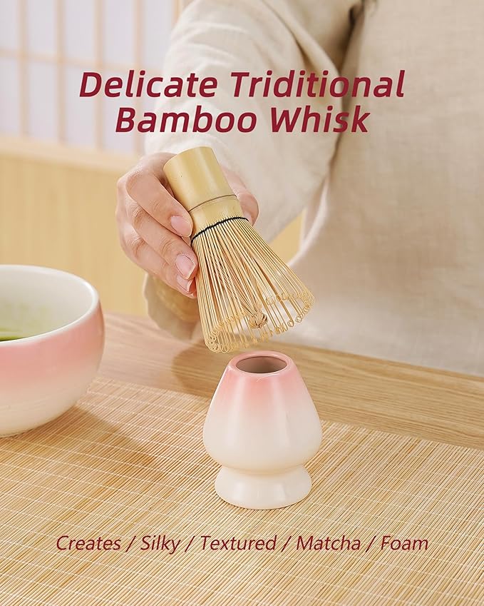 ZENS Pink Matcha Set, Matcha Whisk Set with 15oz Ceramic Bowl & (Chasen Holder), 6pcs Matcha Kit with Bamboo Scoop and Sifter, Tea Towel for Matcha Lovers