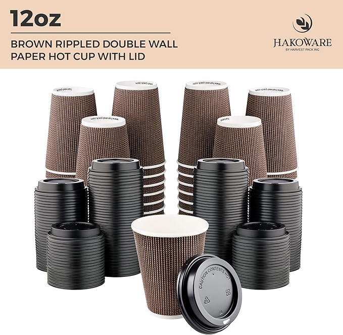 [400 SET]Harvest Pack 12 oz Disposable Coffee Cups, Insulated Ripple Double-Walled Paper Cup with Lid, Brown Geometric, Tea Hot Chocolate Drinks To go coffee cups