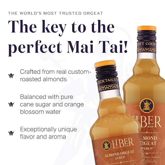 Liber & Co. Almond Orgeat Syrup (12.68 oz) - Craft Cocktail Mixer Made with California Almonds & Orange Blossom Water - Makes 17-25 Cocktails - Essential for Authentic Mai Tais, Tiki Drinks, and Coffee