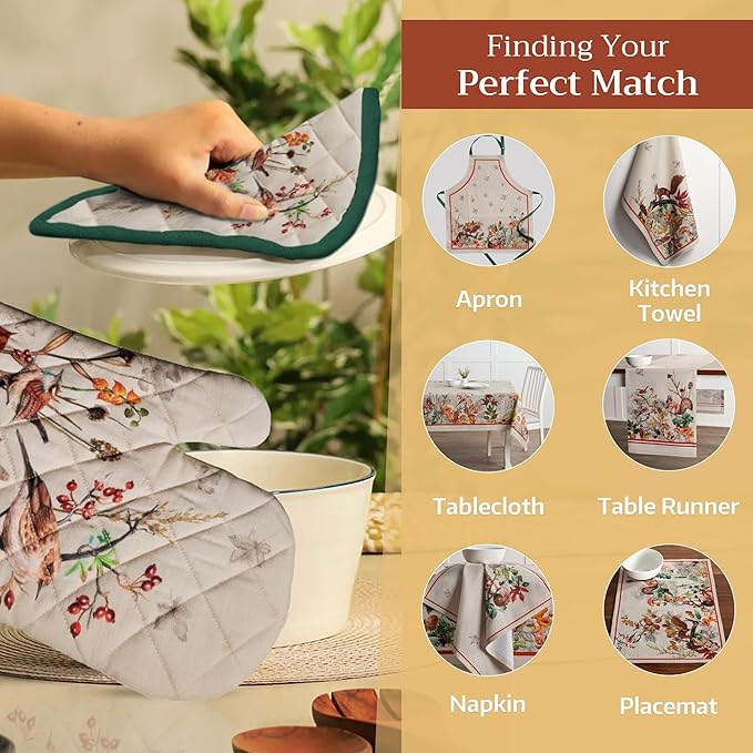 Maison d' Hermine 100% Cotton Oven Mitt & Pot Holder Set (7.5"x13" & 8"x8") Heat Resistant BBQ Cooking Gloves with Loop, Baking, Grilling, Kitchen, Handling Hot Pans (Recolte)