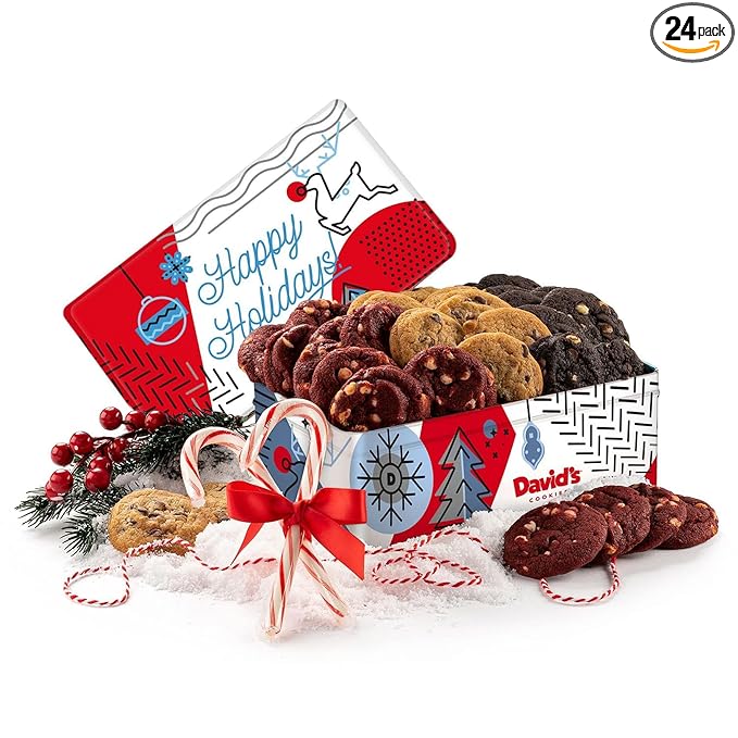 David's Cookies Christmas Cookies Gift Box 24 Pack, Fresh Baked Assorted Mini Cookies in Winterwonderland Tin with Chocolate Chip, White Chocolate Chip & Red Velvet - Gourmet Holiday Food Gift Basket