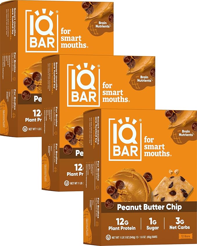 IQBAR Brain and Body Plant Protein Bars - Peanut Butter Chip - 36-Count - Keto, Vegan, Low Carb, High Fiber, Gluten Free, Dairy Free, Low Sugar Snack with Nutrients for Focus, Energy, Meal Replacement