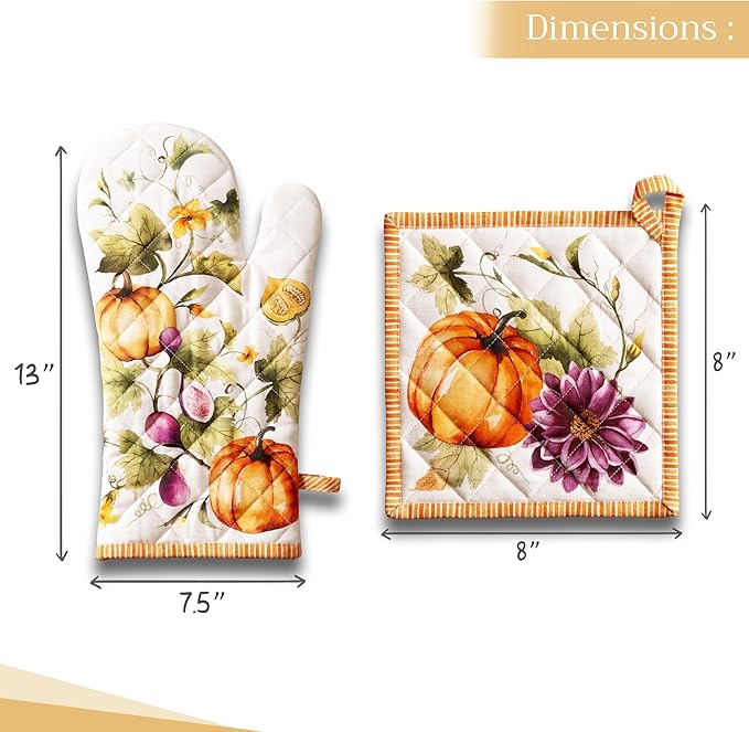 Maison d' Hermine 100% Cotton Oven Mitt & Pot Holder Set (7.5"x13" & 8"x8") Heat Resistant BBQ Cooking Gloves with Loop, Baking, Grilling, Kitchen, Handling Hot Pans (Pumpkin Garden - Cloudy Cream)