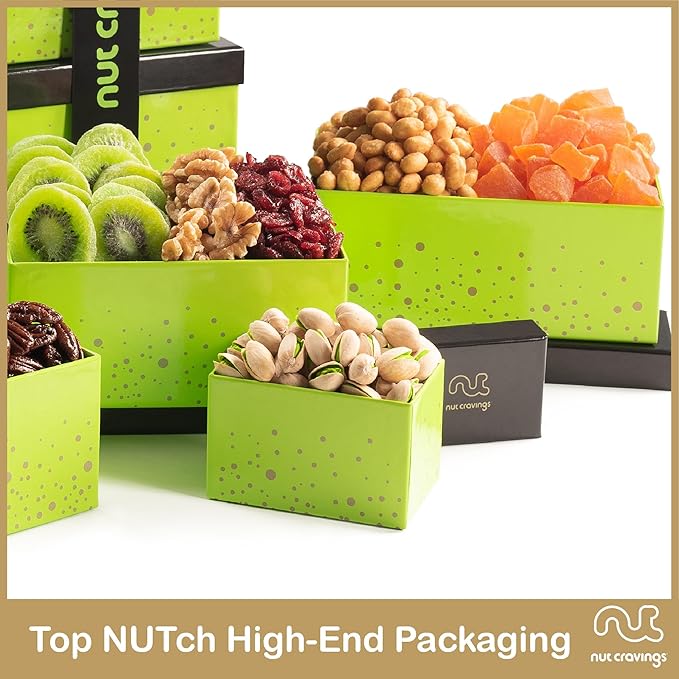 NUT CRAVINGS - Thanksgiving Dried Fruit & Mixed Nuts Gift Basket Green Tower + Ribbon (12 Assortments) Holiday Xmas Christmas Food Arrangement, Healthy Snack Care Package