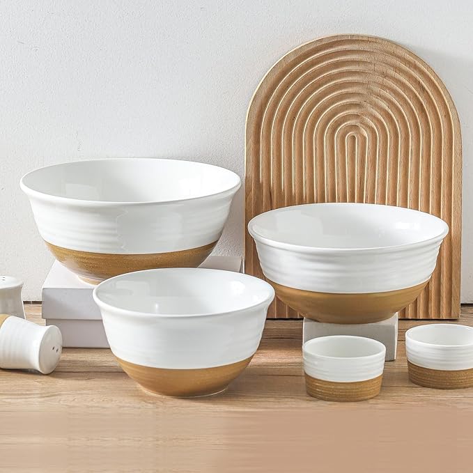 Ceramic Mixing Bowls,Large Serving Bowls 2.1/1.5/1.0 Qt,Salad Bowls Set of 3 for Kitchen Space Saving Storage,Nesting Bowls for Cooking,Popcorn,Soup,Fruit, Microwave & Dishwasher Safe,White