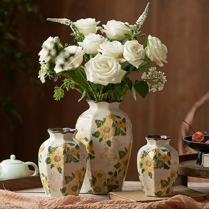 Vintage Pastoral Octagonal Vase, 9.3 Inch Ceramic Sunflower Flower Vases, Rustic Farmhouse Antique Chinoiserie Floral Vase for Wall Art Bedroom and Shelf Home Decor (Octagonal)
