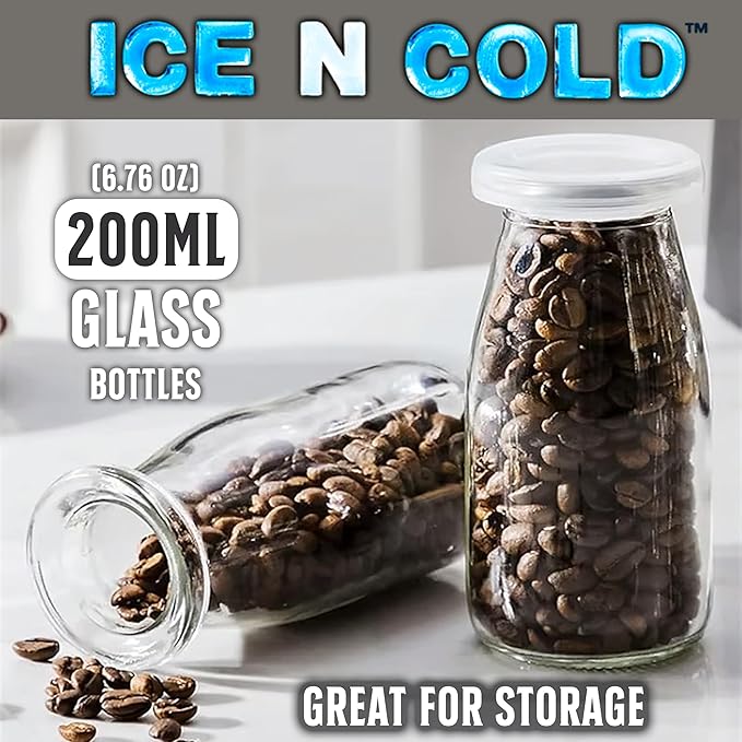 6.76 oz / 200ml Vintage Glass Bottle with Leakproof Clear Lid, Reusable & Eco-Friendly – Ideal for Milk, Juices, Smoothies, Infused Water, BPA-Free Glass Bottle (72-Pack)