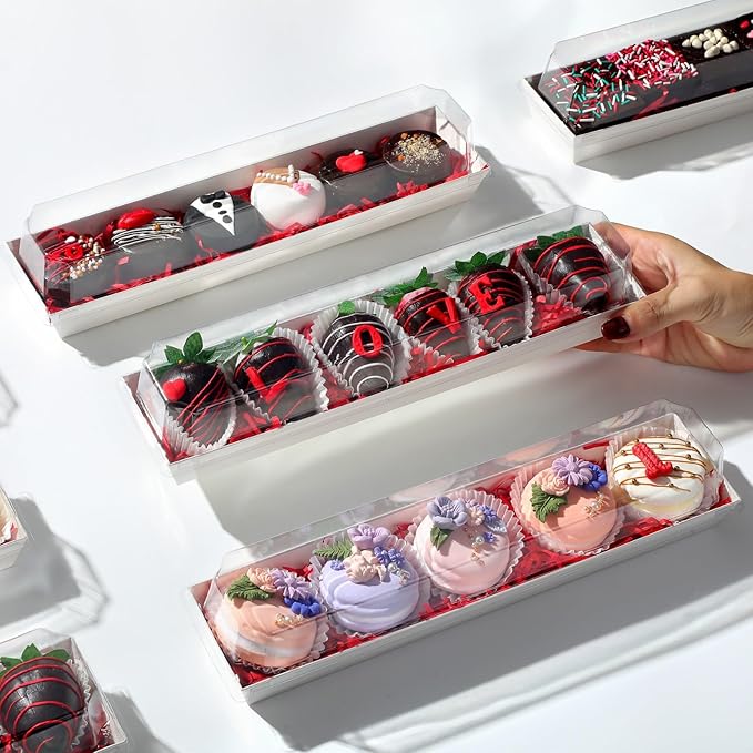 25 Pack 12 x 2.8 x 2.4 Inches Strawberry Boxes with Clear Lids,Long Macaron Boxes Gift Boxes For Cookies,Truffle,Cocoa Bombs,Chocolate
