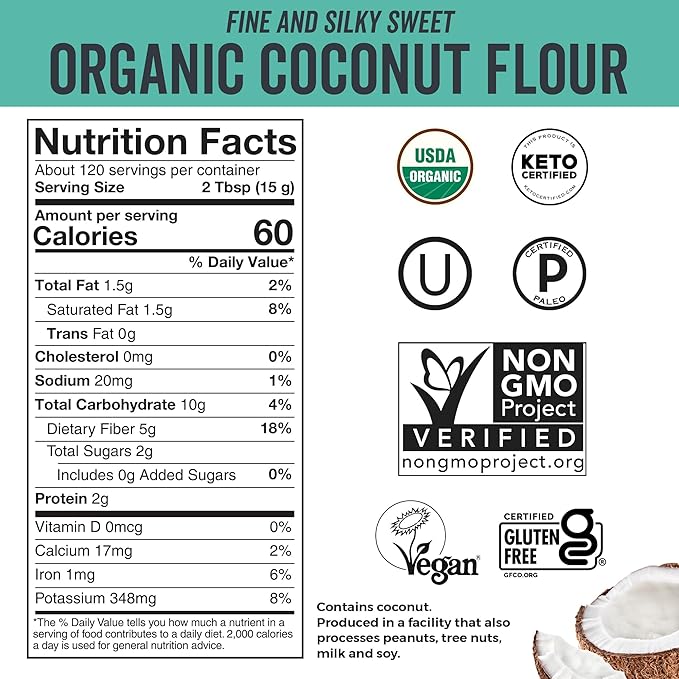 Viva Naturals Organic Coconut Flour (4 lbs) - Gluten Free Flour Substitute for Keto, Paleo and Vegan Baking, Low Fat and Good Source of Fiber Coconut Baking Flour, Non-GMO, Unbleached and Unrefined, 1.81 kg