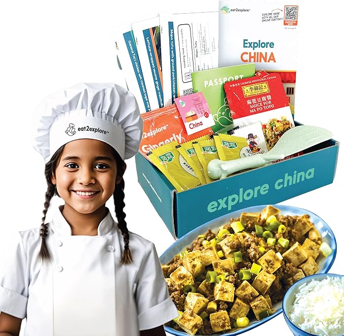 eat2explore Cooking Kits for Kids – Interactive & Educational Kids Cooking Sets Real for Ages 5 and Up,3 Recipe Cards & Global Ingredients – Fun Gift for Young Chefs (China Edition)