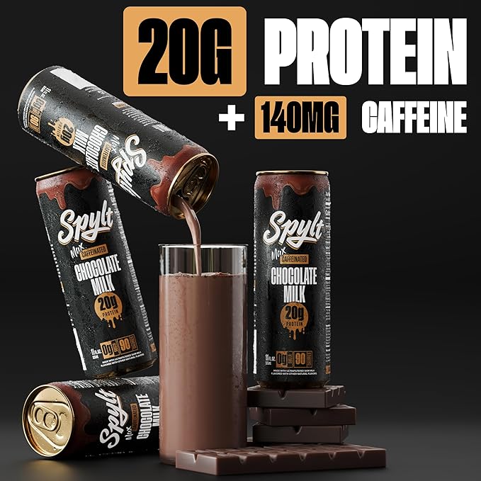 Spylt High Protein Max Chocolate Milk with 140mg Caffeine & 20g Protein - 90 Calories, Ready to Drink, Sugar Free, Lactose Free Milk, Perfect for Workout Recovery & Afternoon Pick Me Up - 12 Count