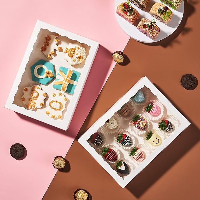 4PCS 10 x 7 x 2.5 inches Cookies Bakery Boxes with Window Cakesicle Chocolate Bomb,Macaron Boxes,Clear Chocolate Covered Strawberries Boxes Pretzel Rods Boxes
