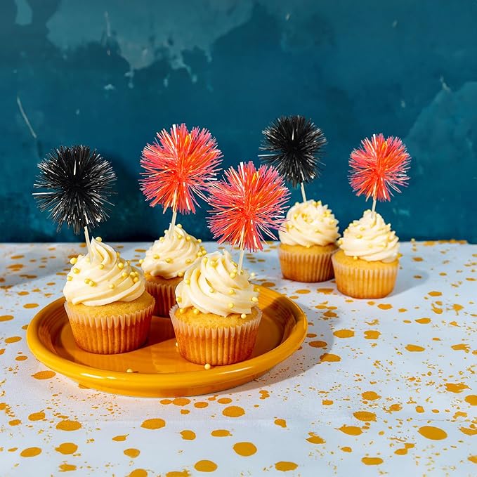 Gyufise 30Pcs Foil Firework Cupcake Toppers Sparkle Tinsel Cake Toppers Tinsel Drink Cake Decoration Cocktail Picks for Birthday Wedding Graduation Party Supplies Black Orange