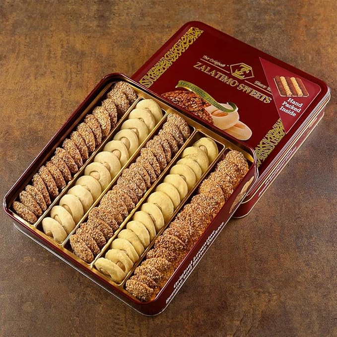 Zalatimo Sweets Since 1860, 100% All Natural Sesame & Butter Shortbread Cookies, Square Metal Gift Tin, Slightly Sweet Cookies with No Preservatives, No Additives, No Corn Starch, No Syrups! 1.4Lbs