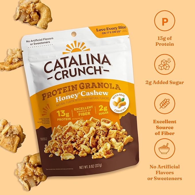 Catalina Crunch Protein Granola - Low Sugar Breakfast Cereal with 13g of Protein - Gluten Free, Keto Friendly - Honey Cashew - 8 oz. Bag (Pack of 1)