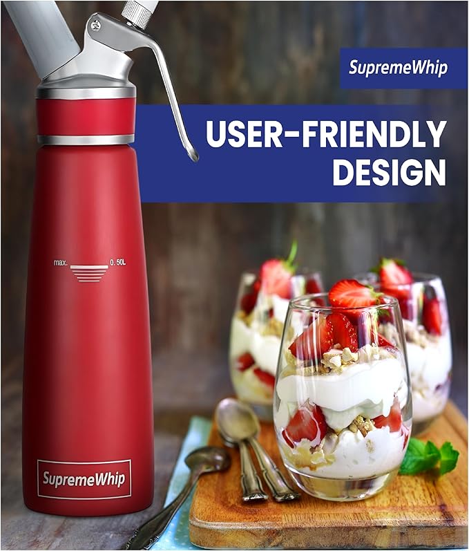 PRO Cream Dispenser, Durable High-Grip, Metal Lid with Rubber, 3 Nozzles, for Hot/Cold Use, Cleaning Brush Included, Red - 500 ml / 1 Pint
