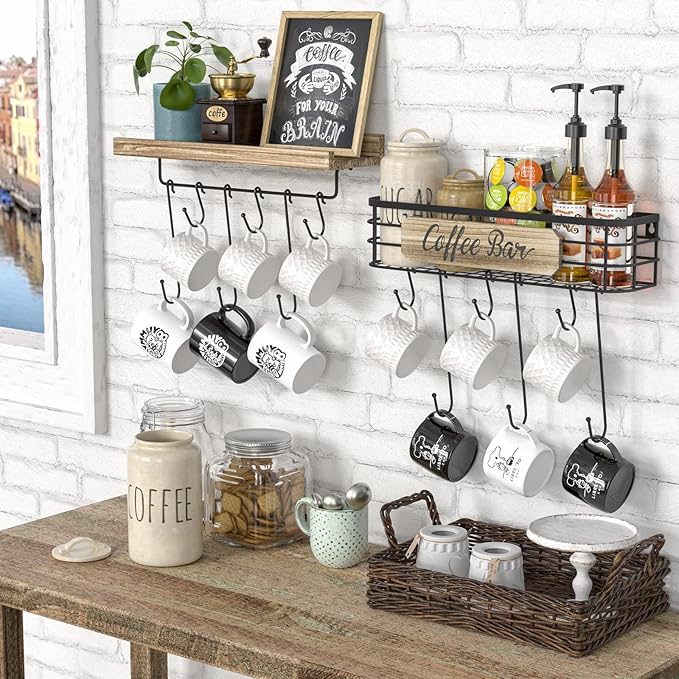 Floating Mug Racks 2 Pack - Wall Mounted Coffee Cup Holder with 12 Hooks, Mug Organizer for Kitchen, Farmhouse Coffee Bar Decor