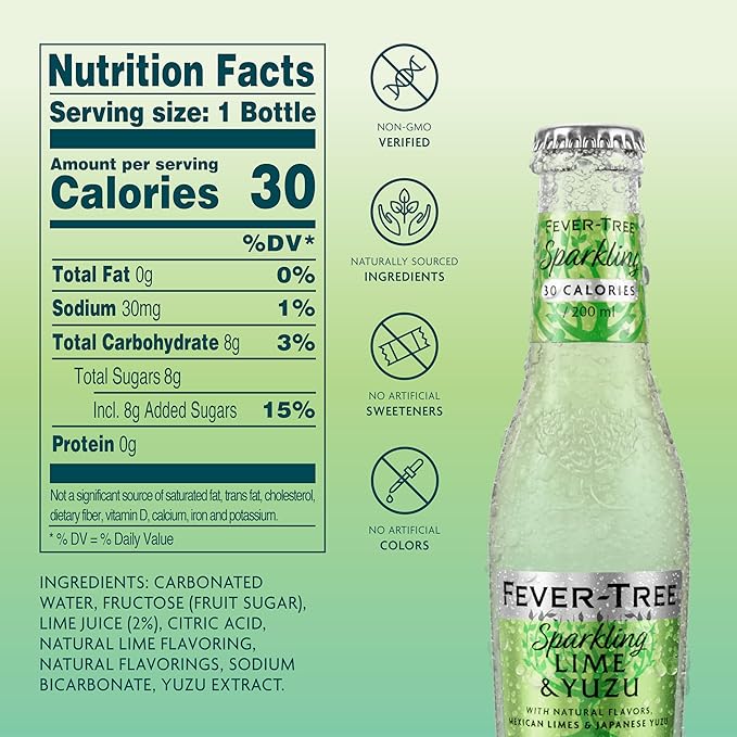 Fever Tree Sparkling Yuzu & Lime - Premium Quality Mixer - Refreshing Beverage for Cocktails & Mocktails. Naturally Sourced Ingredients, No Artificial Sweeteners or Colors - 200 ML Bottles-Pack of 24