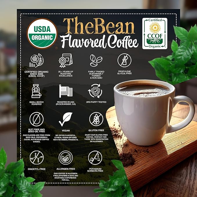 The Bean Organic Coffee Company Chocolate Macadamia Nut, Medium Roast, Ground Coffee, 16-Ounce Bag, Café molido tostado orgánico
