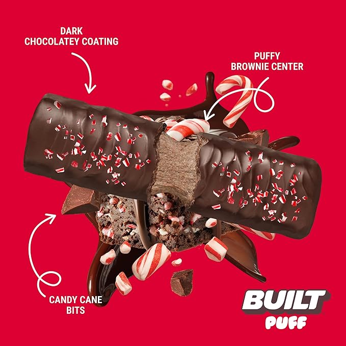 Built Bar, Puff Protein Bars, Candy Cane Brownie, 17g Protein Snacks, On-The-Go Bars, Only 140 Calories, 7g Sugar, Collagen, Gluten Free, 12 Count