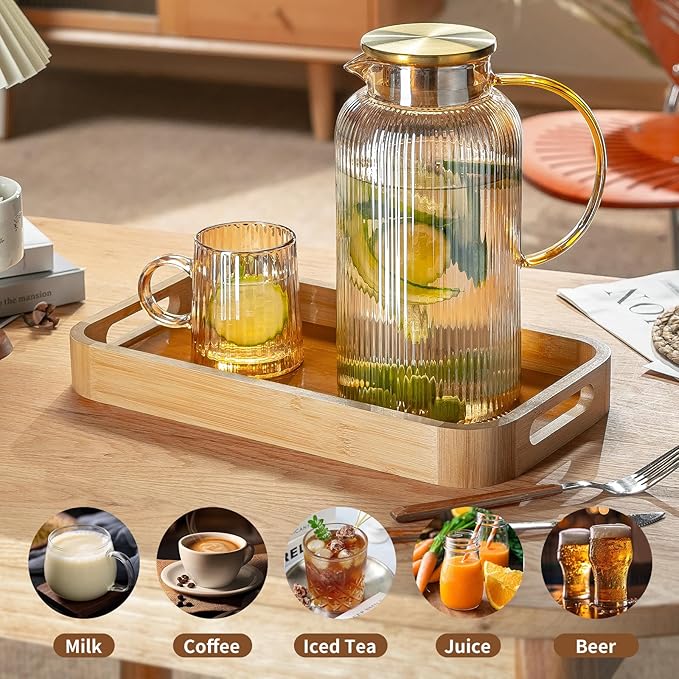 2 PACK Glass Pitcher with Lid, 68 oz/ 2 Liter Amber Classic Vertical Stripes Water Pitcher,Glass Water Carafe for Cold Brew, Coffee, Lemonade, Iced Tea,Beverage, Heat Resistant Water Glass Jug